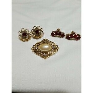 Vintage Faux Pearl Brooch & Red Earrings of 3 Gold Filigree